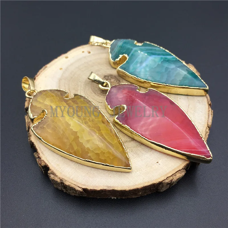 Gold-Plated Arrowhead Shape Dragon Veins Agates Necklace Pendant Jewelry MY0310