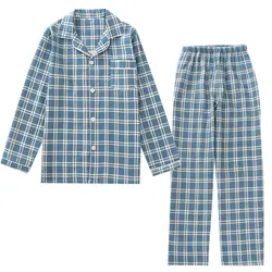 Terno de pijama xadrez masculino, pijama fino casual de gaze 100% algodão, com mangas compridas, pijama masculino para outono