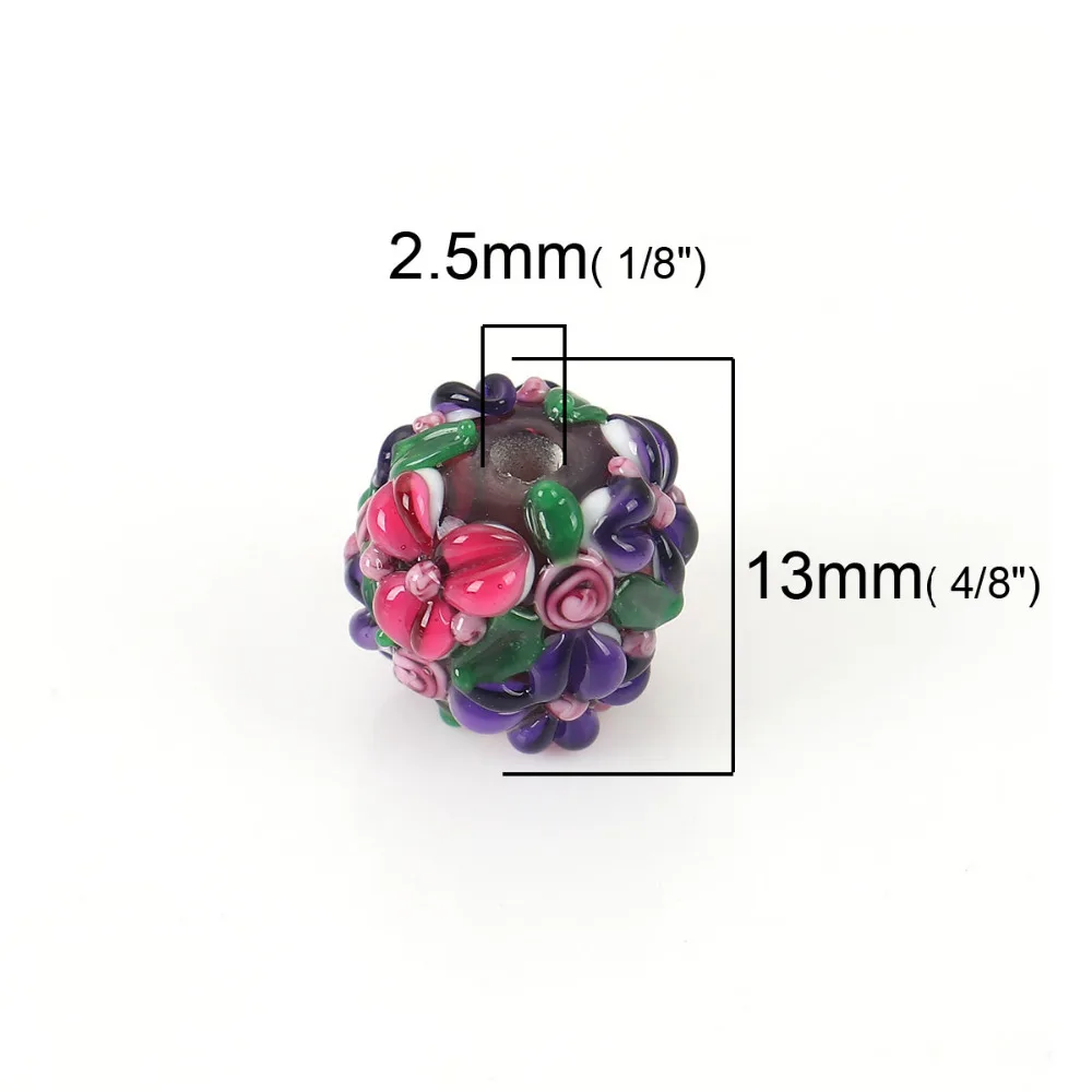 DoreenBeads Lampwork Glass Encased Floral Beads Round Blue Flower Leaves Colorful About 13mm x 13mm, Hole: Approx 2.5mm, 1 PC