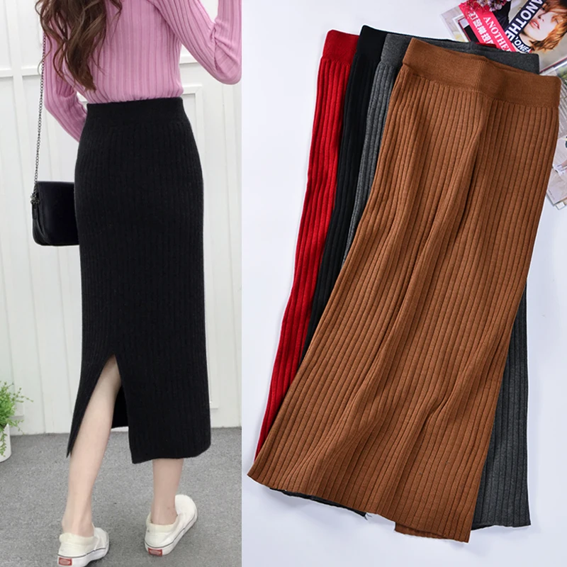 Spring Autumn skirts Sexy Chic Pencil Skirts Women Skirt Wool Rib Knit Long Skirt Package Hip Split Waist midi skirt maxi D172