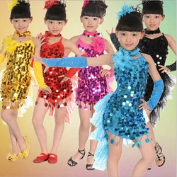 Sequin Size 100cm-160cm Kids Girls Red Black Yellow Blue Yellow Vestidos De Baile Latin Salsa Dance Dress