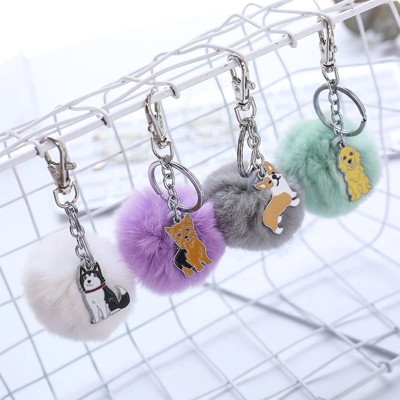 Fashion Key Chain Yorkshire Terrier Lovely Dog Key Ring Pendant Fur Ball POM POM Keychain Charm Bag Pendant Best friend Gift