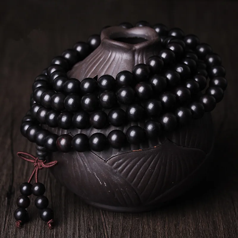 108*0.8/0.6cm Black Wooden Prayer Beads Bracelet Men Mala Buddha Natural Ebony Wood Buddhist Rosary Bangle Jewelry