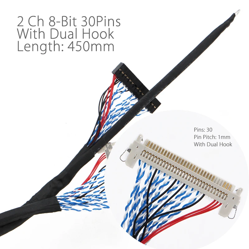 250mm/450mm with hooks LVDS Cable FIX-30P-D8 FIX 30Pins D8 Double 2ch 8bit 1.0mm Pitch for 17-21 LCD Display Panel Controller