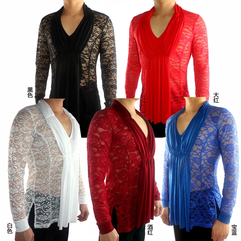 Latin Top Long Sleeve Sexy Lace V Collar Latin Dance Shirts Men \'S Performance Practice Dancewear Cha Cha Rumba Samba DNV11329