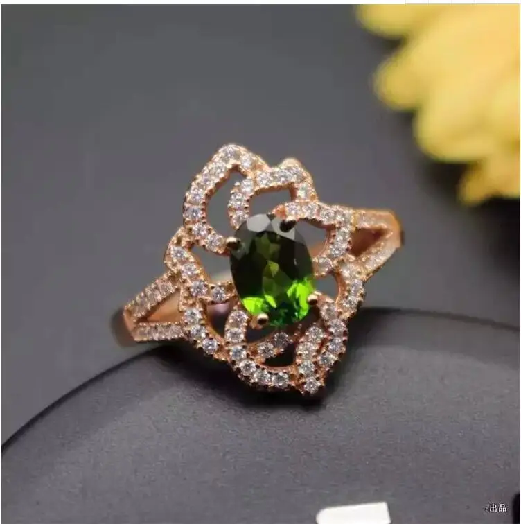 Natural Diopside ring Free shipping Natural green diopside 925 sterling silver Fine jewelry ring For men or women 5*7mm