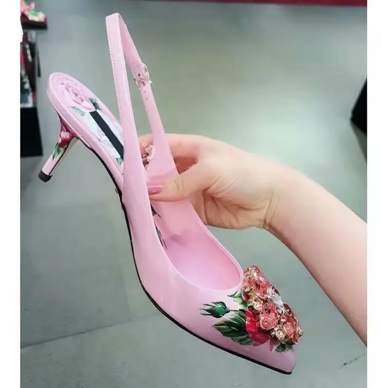 Pink Women 6cm High Heels Diamond Slingback Pumps Bling Rhinestone Floral Print Women Pumps Wedding Dress Pumps Zapatos Mujer