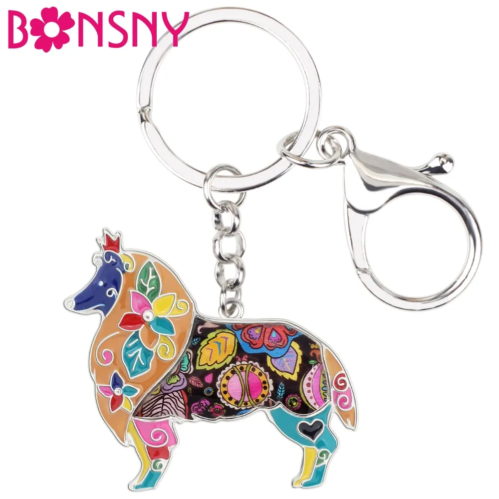 Bonsny Enamel Metal Border Rough Collie Dog Key Chain Key Ring Handbag Charm Fashion Animal Jewelry For Women Accessories