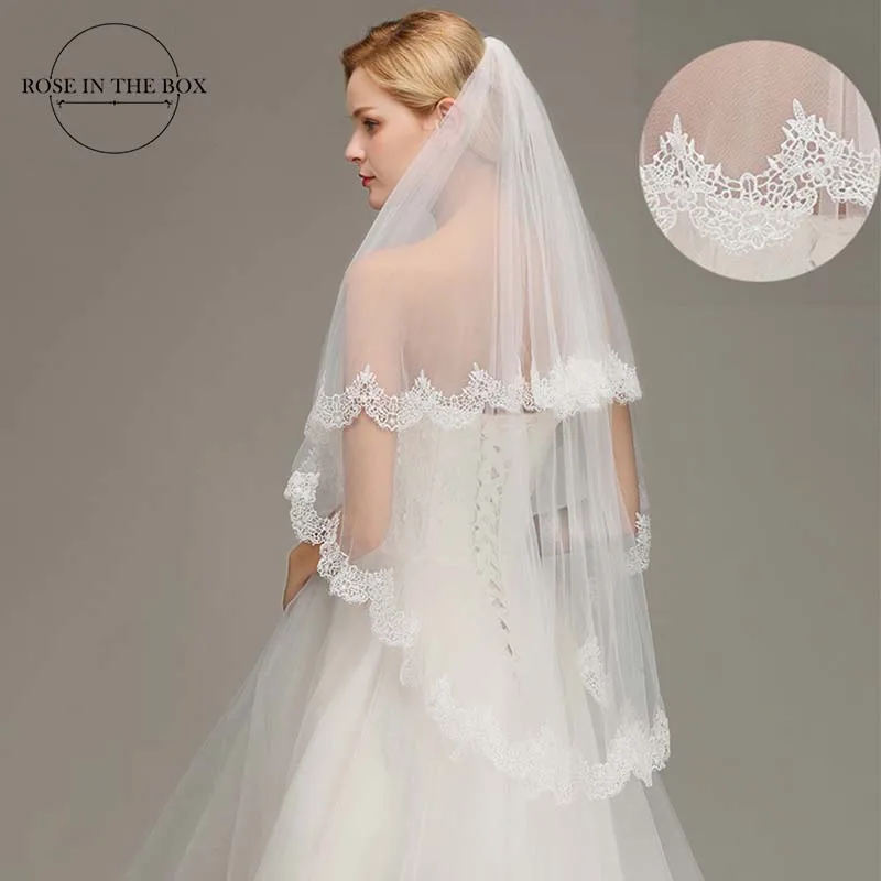 Marfim Lace Edge Véus De Casamento com Pente, Duas Camadas, Soft Tulle, Short Bridal Acessórios, Real Picture, 1.5 m