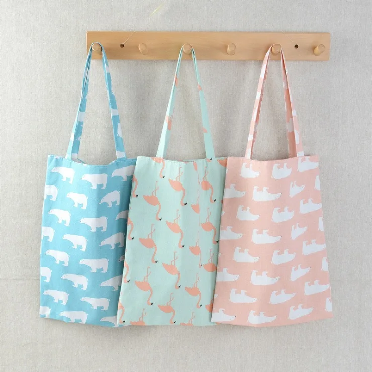 50pcs Polar Bear Ostrich Shopping Bag Large Capacity Cotton Linen Beach Bags Women Shoulder Bag Reusable Grocery Bags W9850