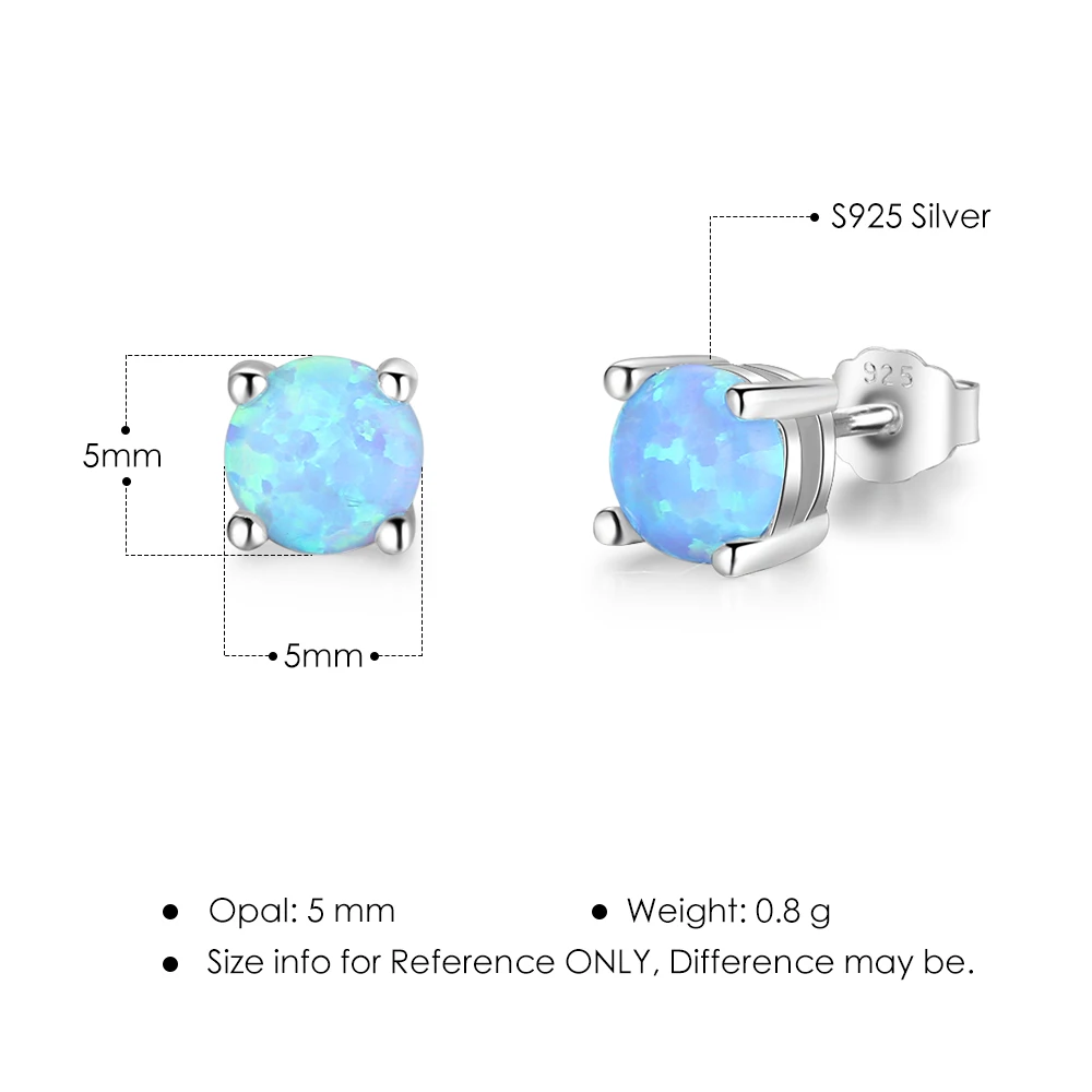 Cute 5mm Created Blue Pink White Opal Earrings for Women 925 Sterling Silver Stud Earrings Round Small Earrings (Lam Hub Fong)