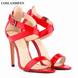 14 Colors Patent Leather Korean Women Sandals 2024 Summer Fashion Cross Buckle Open Toe High Heels 11cm Ladies Party Bride Shoes