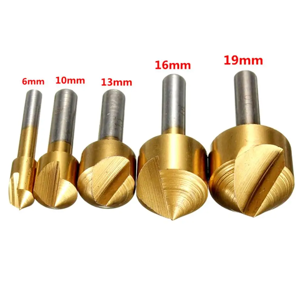 5pcs/set Titanium Coated Carbon Steel Single Blade 90 Degree Flute Chamfer Metric Drill Bit 6mm 10mm 13mm 16mm 19mm