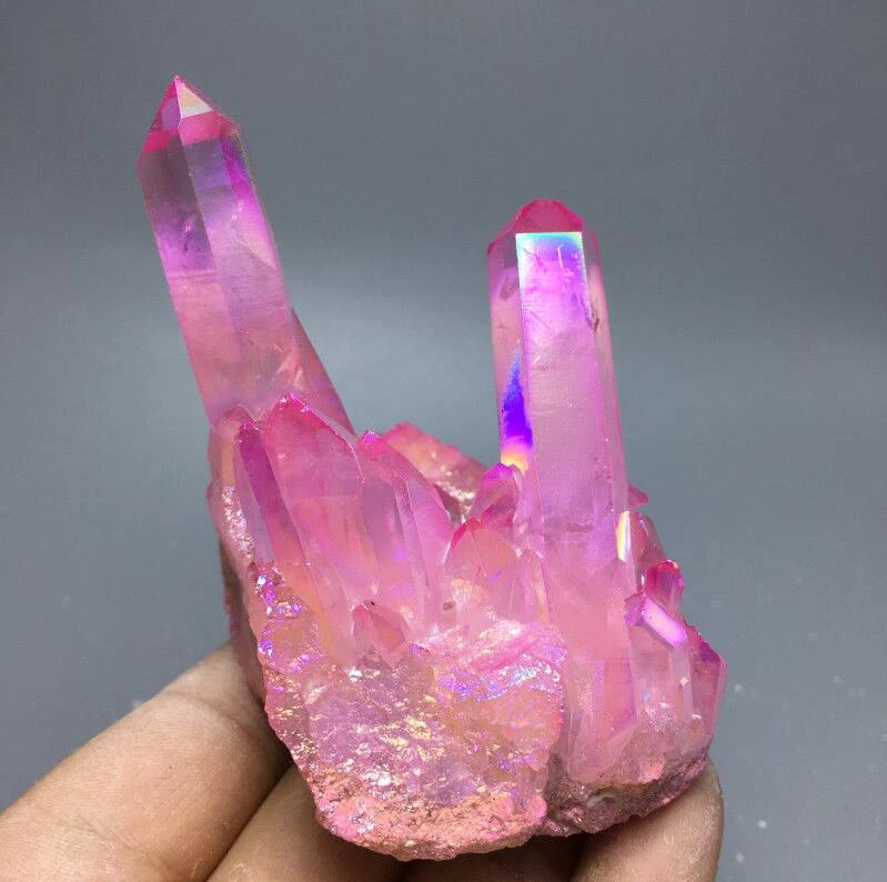 120g Pink Aura Quartz Crystal VUG Titanium Bismuth Silicon Cluster Rainbow