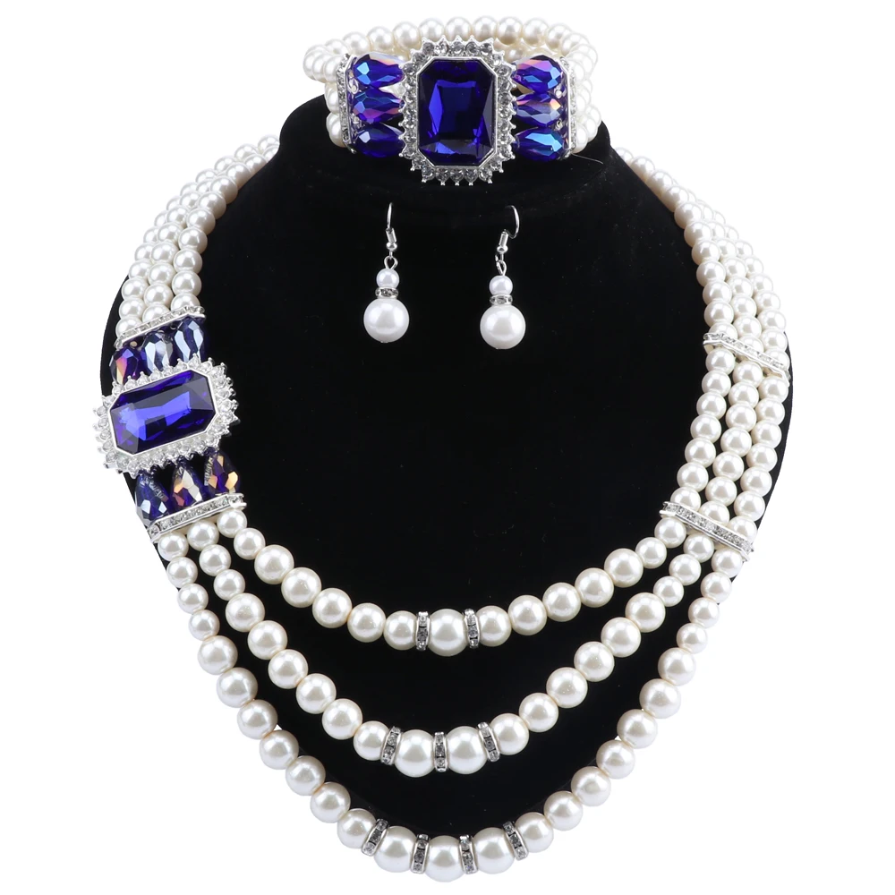 

Women's Multilayer Simulated Pearl Crystal Statement Baroque Necklace Bangle Earrings Costume Party Jewelry Set