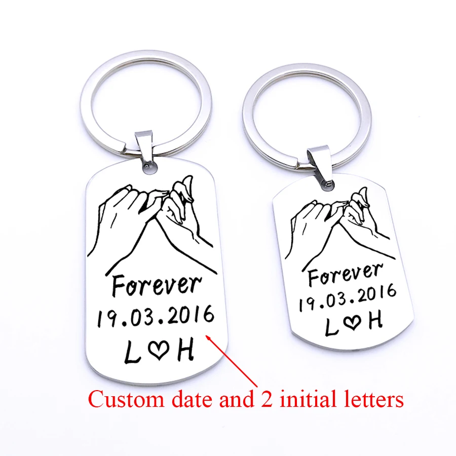 Custom Key Chain Pinky Promise Date 2 Initial Letters Keyring Men Couples Boyfriend Girlfriend Husband Anniversary Gift Keychain