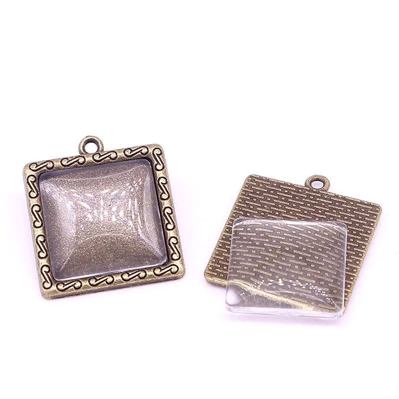 10set Antique Bronze Square 25*29mm(Fit 20*20mm dia) Pendant Blanks Fit Jewelry Making Charms + Clear Glass Cabochons 7D1237