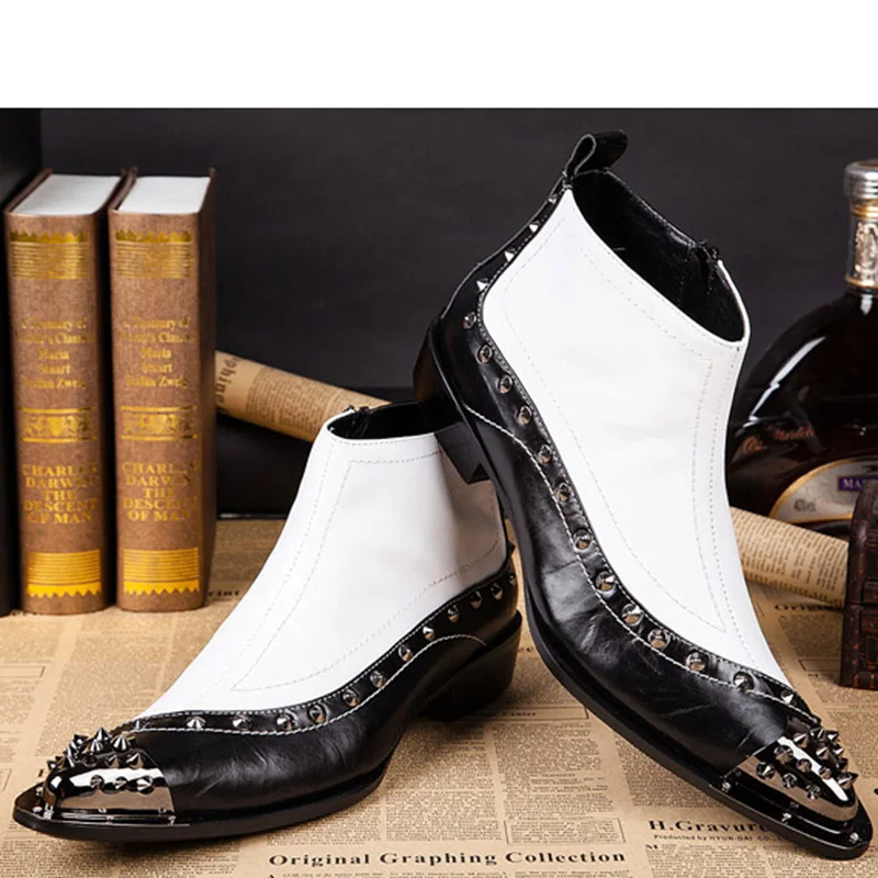 Batzuzhi Western Rock Black White Ankle Man Boots ITALY TYPE Increased Height Pointed High-top Man Leather Boots, Big EU38-46!