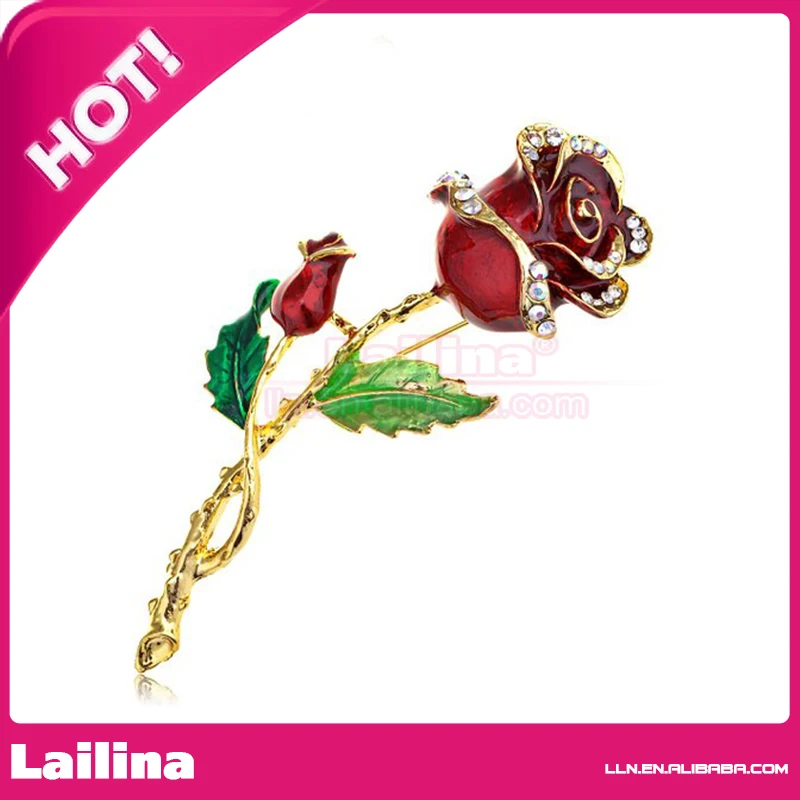 

Belle Red Rose Flower Enamel Crystal Rhinestone Brooch Pin Gold Tone