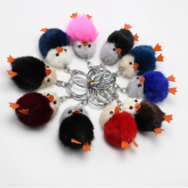 Cute Girls Fluffy Mink Fur Pompom Chick Key Chains Pompon Ball Duck Keychain Women Bag Car Trinket Jewelry Party Friends Gifts