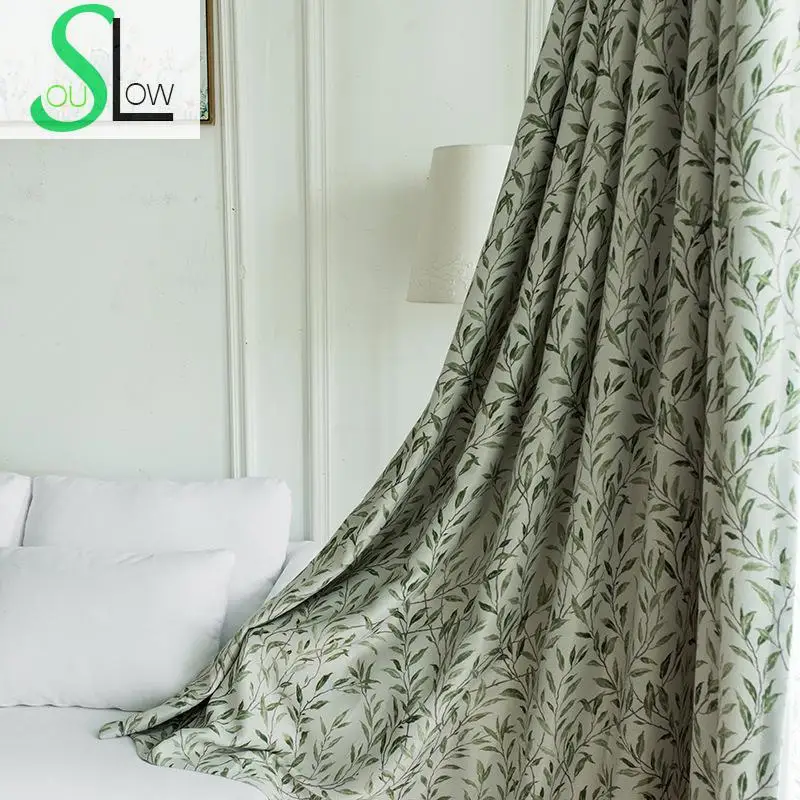 Slow Soul Blue Green Yangliuzhitou Curtain Modern Pastoral Black Silk Printed Leaves Curtains For Bedroom Living Room Ready Made