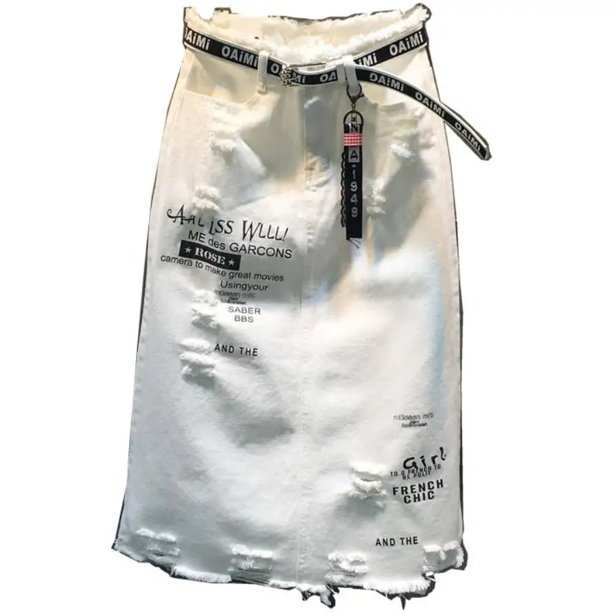 

spring summer denim skirt new letters hole white women package hip step jeans skirt
