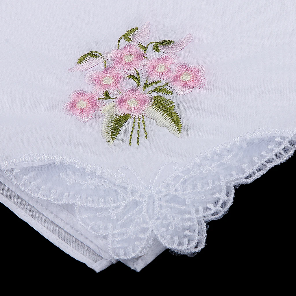 Pack of 12 Flower Embroidery   Cotton Handkerchiefs Comfy Pocket Hanky Square Handkerchiefs for Women White