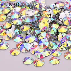 Junao di Alta Qualità 10 12 16 18 Millimetri di Cucito di Cristallo Ab Rivoli Rhinestones Della Parte Posteriore Piana Della Resina Gemme Pietre Cucire su rotonda Strass Applique