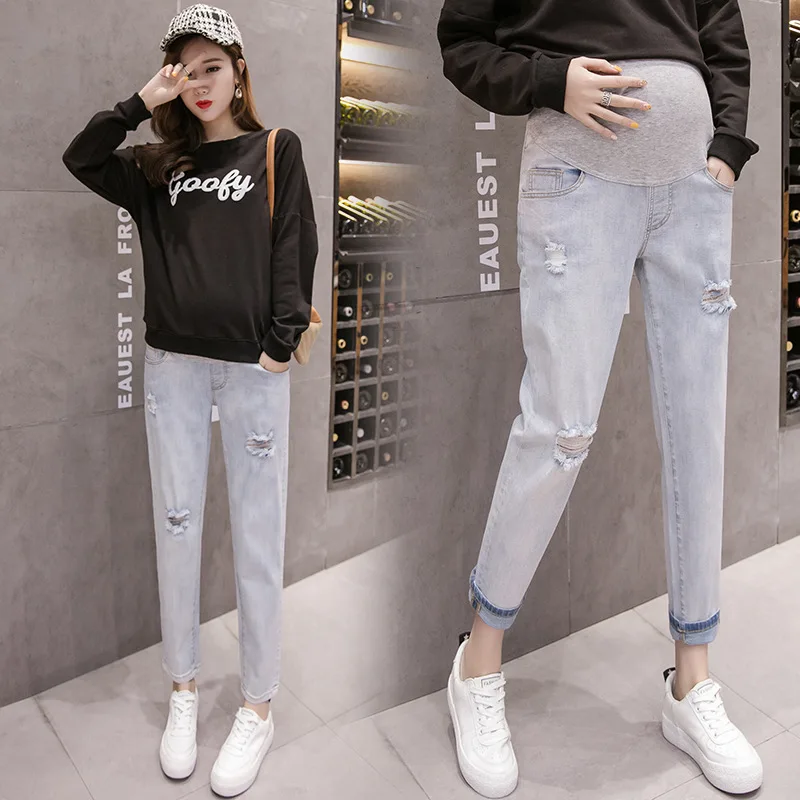 Denim broken ladies pants Maternity Jeans overalls Harem pants For Pregnant Women Clothes Light color Pregnancy Maternal clothes