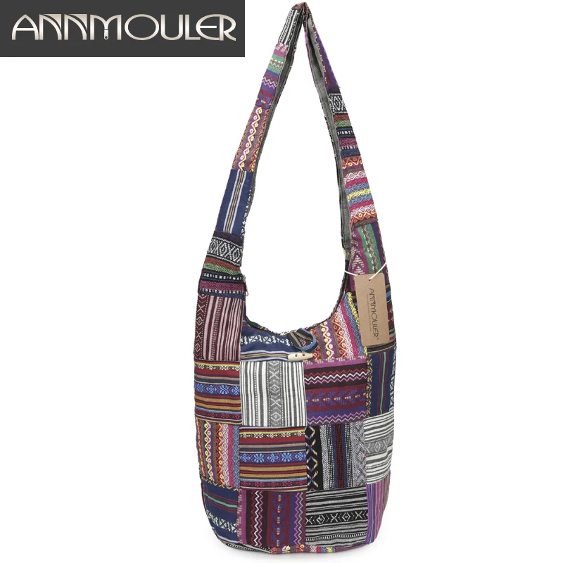 Annmouler Women Large Shoulder Bag Cotton Messenger Bag Vintage Patchwork Crossbody Bag for Ladies Zipper Hobo Bag with Buckle