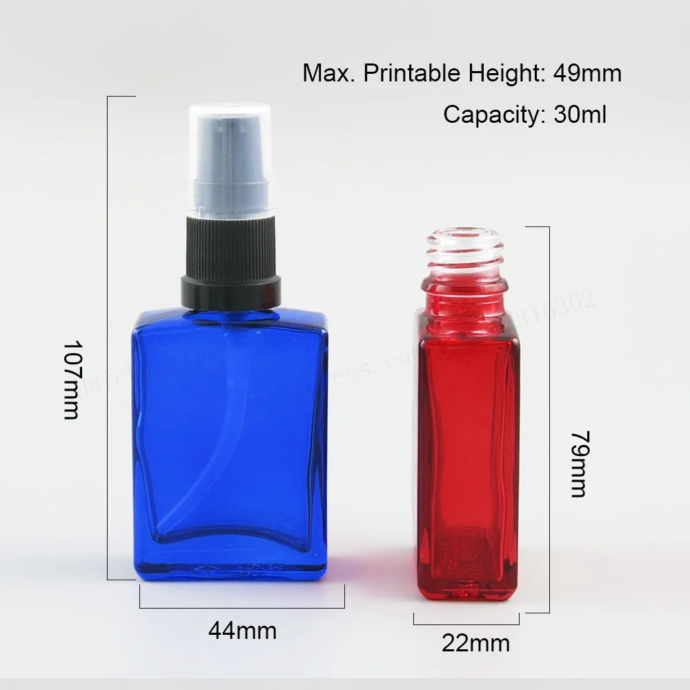 12 x 30ml  1oz Square Flat Black white clear red blue green Glass Bottle With White Black Plastic Pump