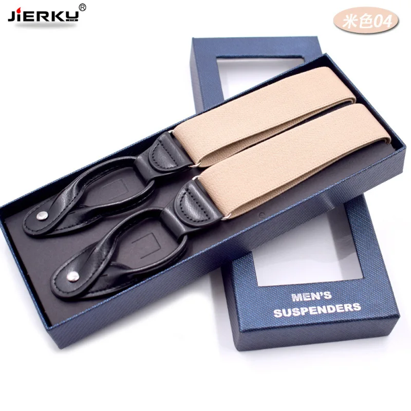 JIERKU Knoppen Bretels Man Bretels Zwart Lederen Suspensorio Mode Broek Riem Vader/Echtgenoot Gift 3.5*120 cm