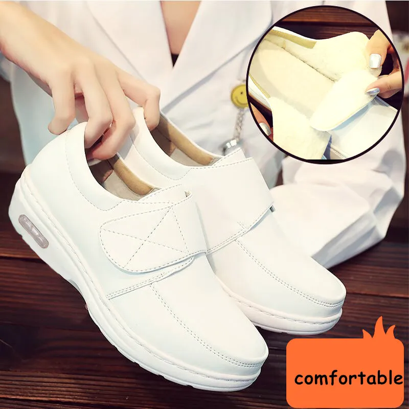 Fall Winter Nurse Shoes Women\'s Platform Sneakers 2019 White Split Leather Loafers Women Moccasins