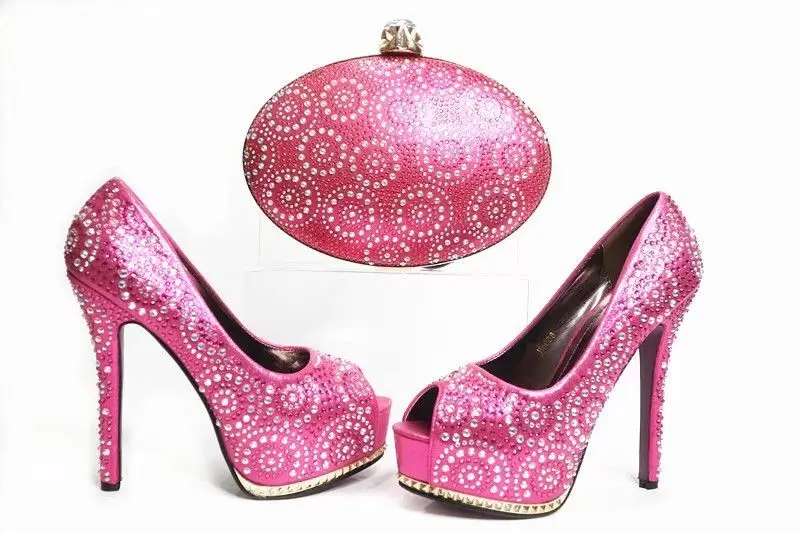 

Wonderful fuchsia women pumps with rhinestone decoration african shoes match handbag set for dress X19,heel 12CM