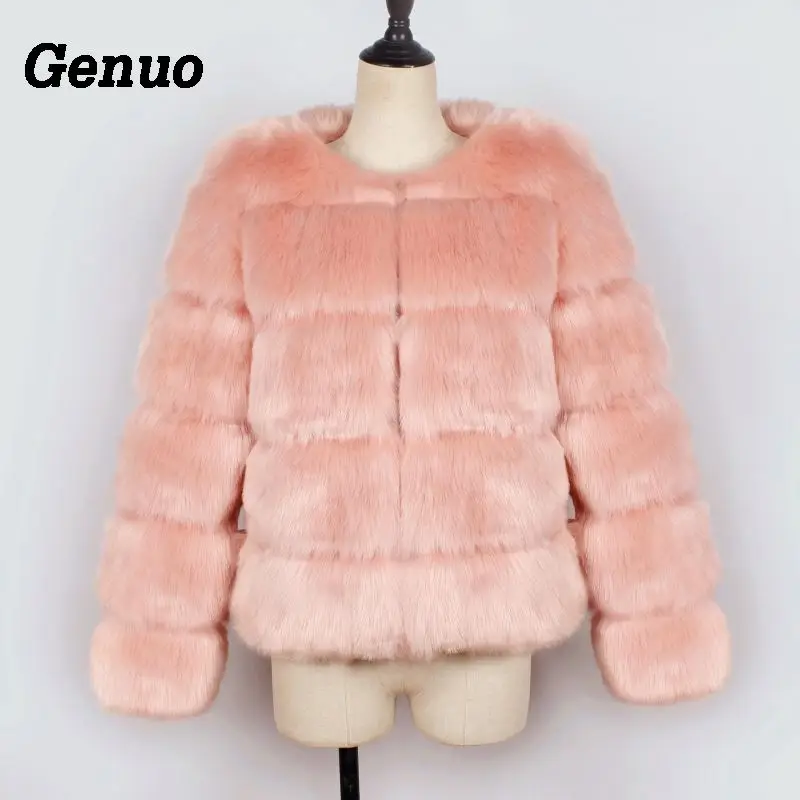 Genuo Vintage flauschigen faux pelzmantel frauen Kurze pelzigen gefälschte pelz winter jacke oberbekleidung rosa mantel herbst casual partei mantel