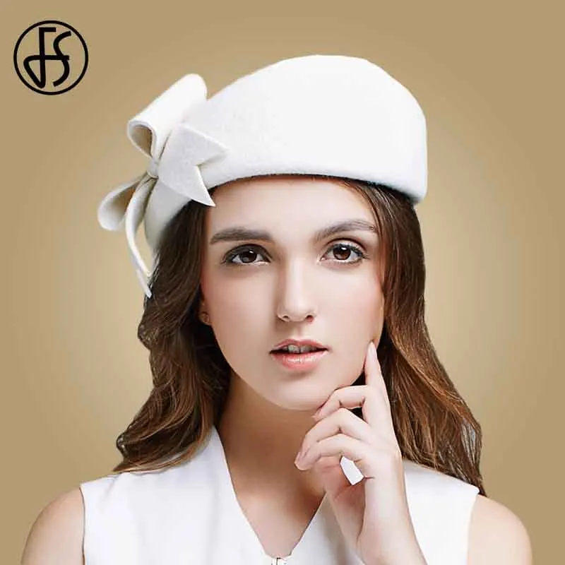 FS Lady Black White Wool French Beret Hat For Women Autumn Winter Vintage Fascinator Bowknot Felt Flat Brim Fedora Hats