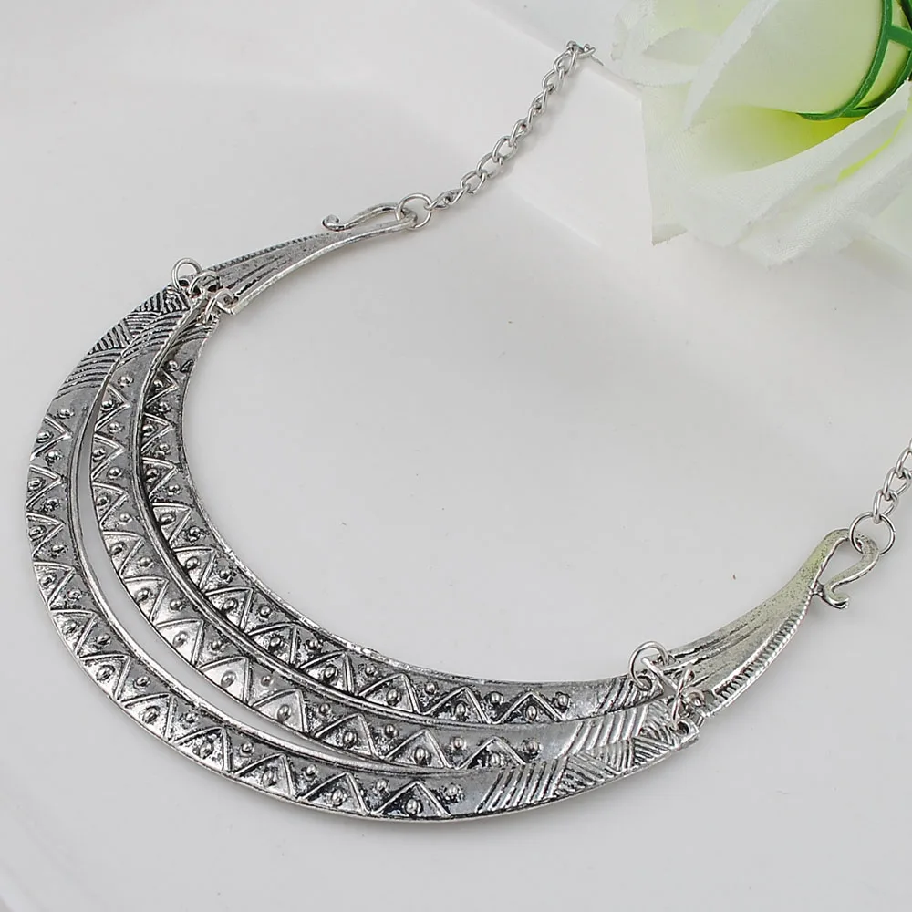 New Luxury Vintage Silver Bronze Three Layer Pendant Maxi Necklaces Women Big Gypsy Choker Statement Necklace