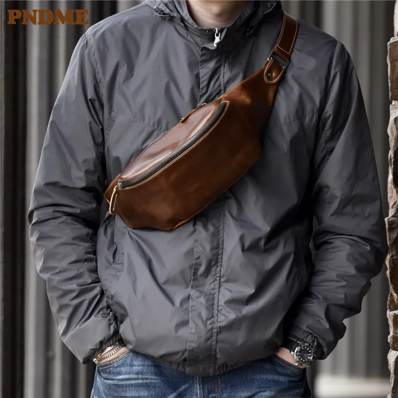 PNDME hohe qualität rindsleder einfache vintage brust tasche aus echtem leder männer schulter messenger gürtel tasche casual sport taille packs