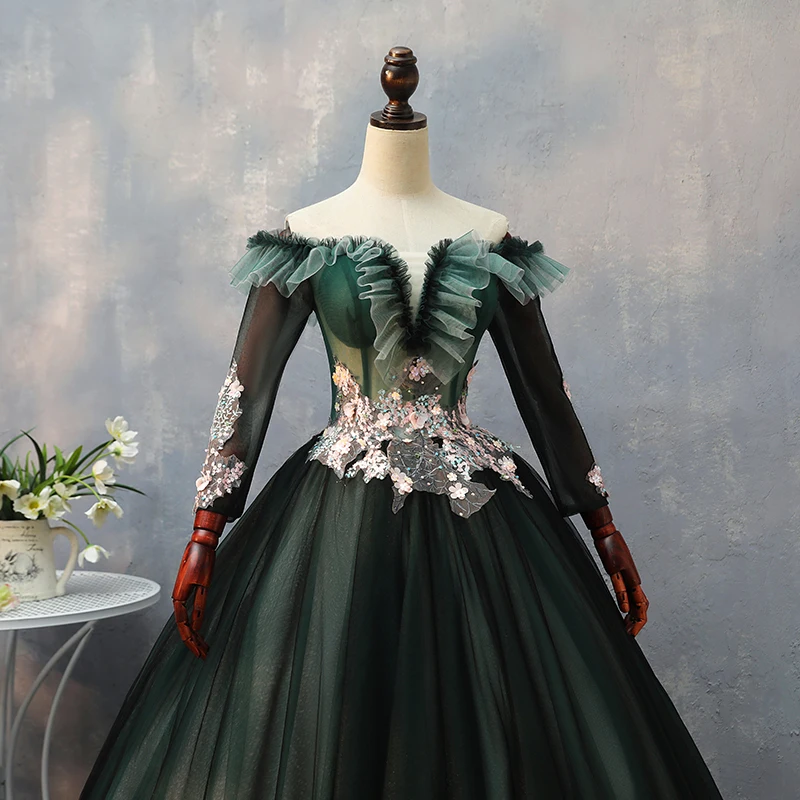 100%real carnival fairy dark green embroidery court medieval dress renaissance Gown queen Victorian /Marie/ Belle Ball/ball gown image 3