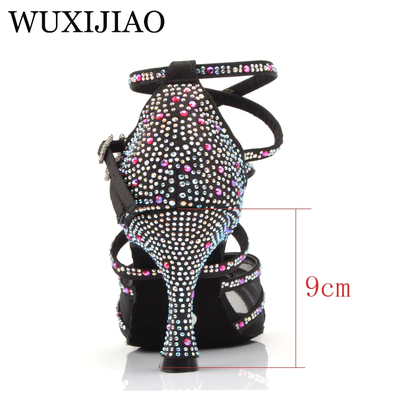 WUXIJIAO Ladies Latin dance shoes with black satin rhinestone style high heels salsa dancing shoes heel 9cm