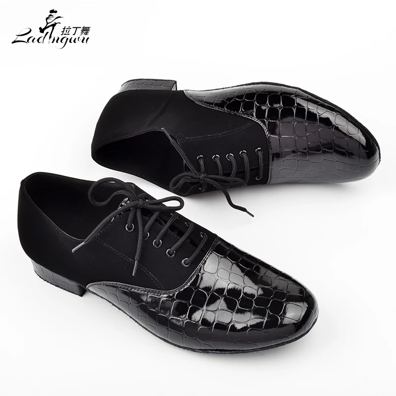 Ladingwu Modern Crocodile texture PU and Flannel Dance Shoes Men Black Soft Bottom Ballroom Dance Competition Shoes 2.5/4.5cm