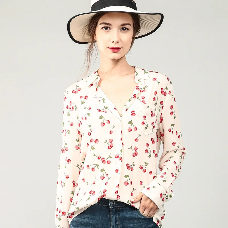 100% Silk Blouse Women Shirt Cherry Printed Turn-down Collar Long Sleeves 2 Colors Translucent Fabric Plus Size New Fashion 2019