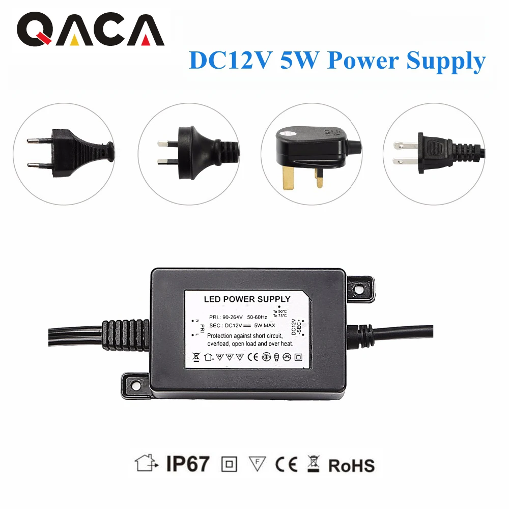 Outdoor 5W switching DC Adapter LED Lighting Driver Transformer Power Supply for Lights DC12V Waterproof IP67 US/EU/AU/UK Y1205B