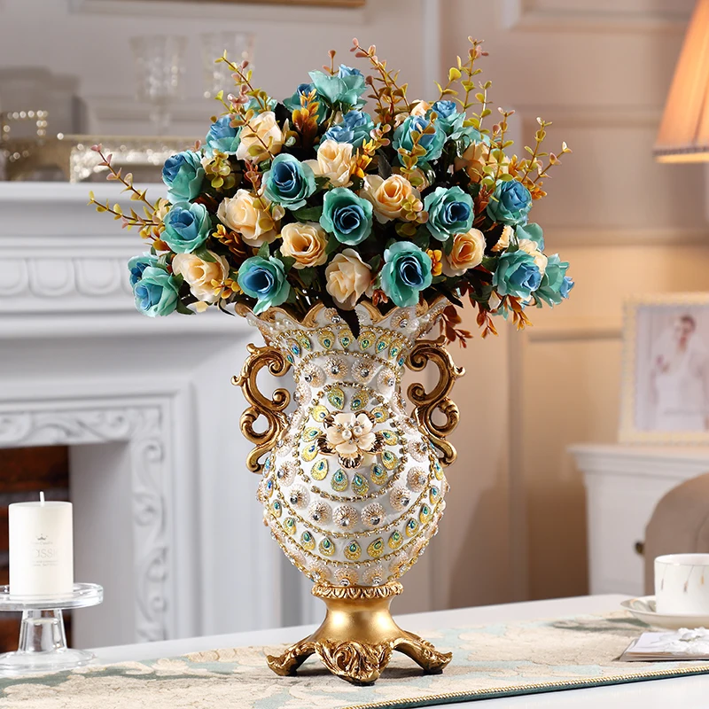 

European Resin Vase+Artificial Flower Set Decor Office Desktop Luxury Diamond Crafts Decoration Home Table Figurines Ornaments