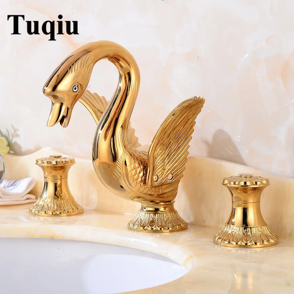 

New ArrivalsTop Quality Deck-mounted Widespread Golden 3 Pcs Bathroom Swan Basin Faucet Lavatory Basin Sink Mixer Luxury Style