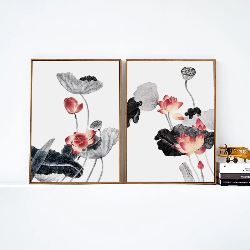 Vintage Chinese Lotus Ink Painting Abstract Flower Art Canvas Wall Picture  Bedroom Decoration Print Poster Can Be Customized