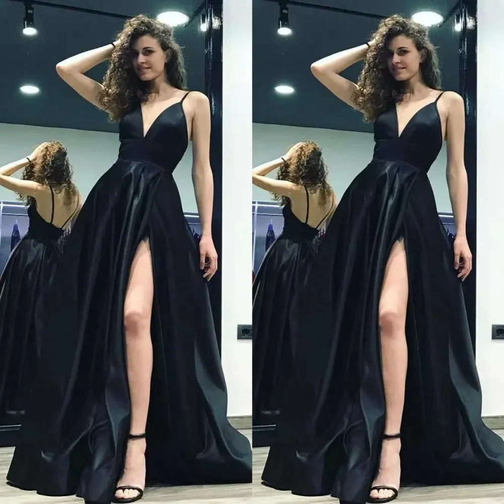 

Black Deep V-Neck Prom Dresses 2019 Sexy Spaghetti Straps High Slits Long Backless Sweep Train Satin Formal A-Line Evening Dress