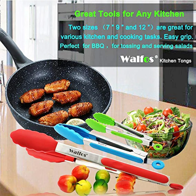 WALFOS Stainless Steel Silicone Kitchen Tongs BBQ Clip Salad Bread Cooking Food Serving Tongs Kitchen Tools