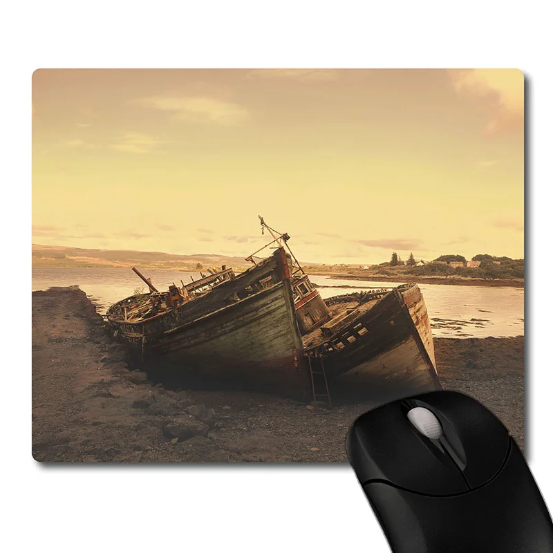 Worn wooden boats on the coast printed Heavy weaving anti-slip rubber pad office mouse pad Coaster Party favor gifts 220x180x3mm