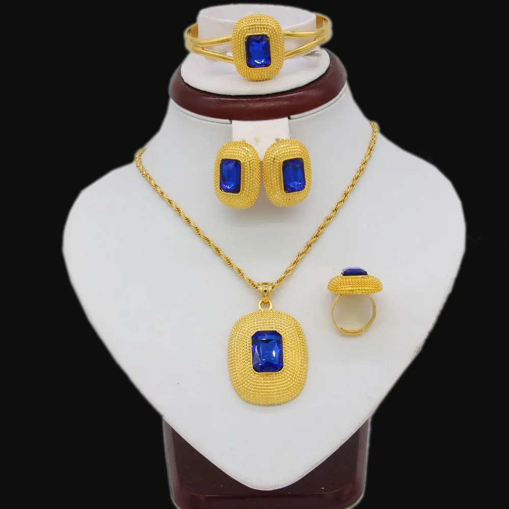 Fashion Blue Stone Ethiopian Wedding Jewelry Sets Necklace/Earrings/Ring/Bangle/Pendant Gold Color African Bridal Gifts